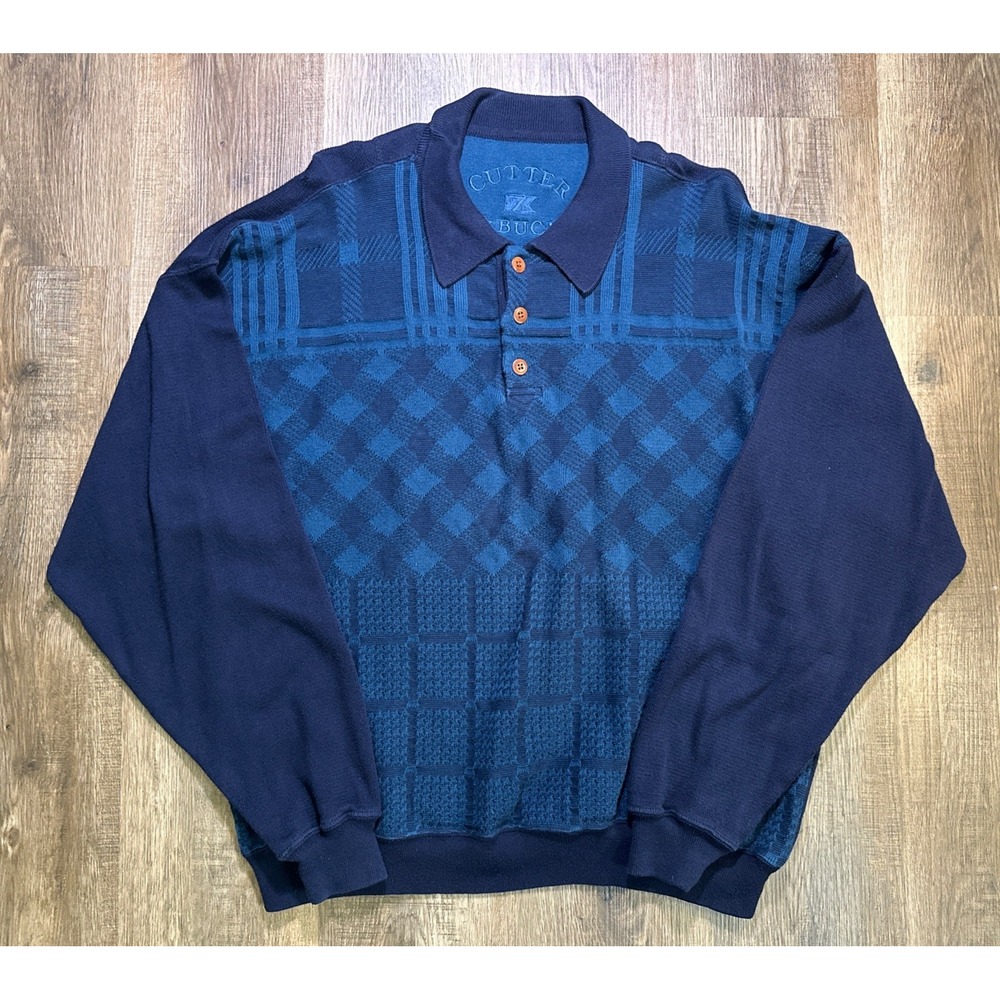 Cutter & Buck 3 Button Polo Sweater‎ Navy Blue Vintage XL 100% Cotton USA